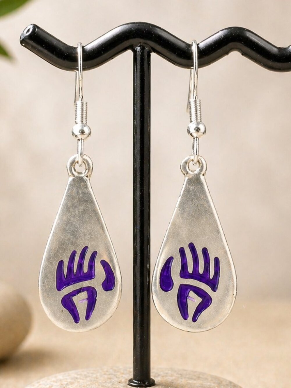 Silver Bear Paw Drop Earrings | Sterling Silver Ear Wire - Picture 3 of 6